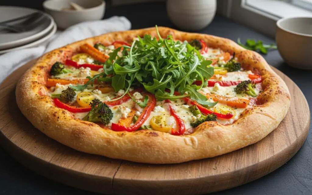 Fertige Protein-Pizza auf einem Holzbrett, frisch aus dem Ofen