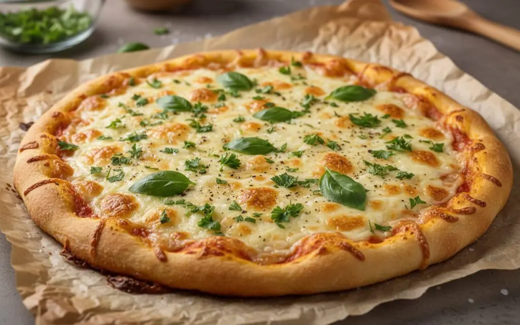 Selbstgemachte Quark-Protein-Pizza auf Backpapier, goldbraun gebacken