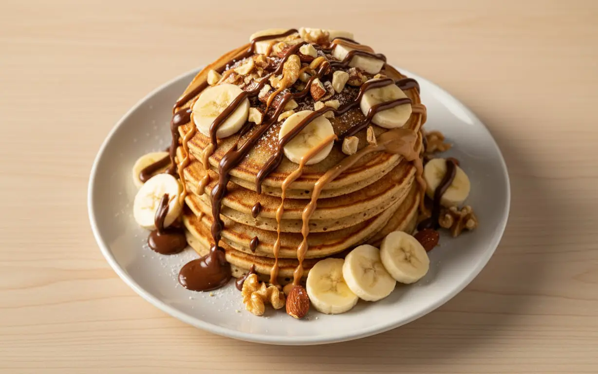 Fertige Protein Pancakes mit Erdnussbutter und Schoko-Aufstrich dekorativ angerichtet