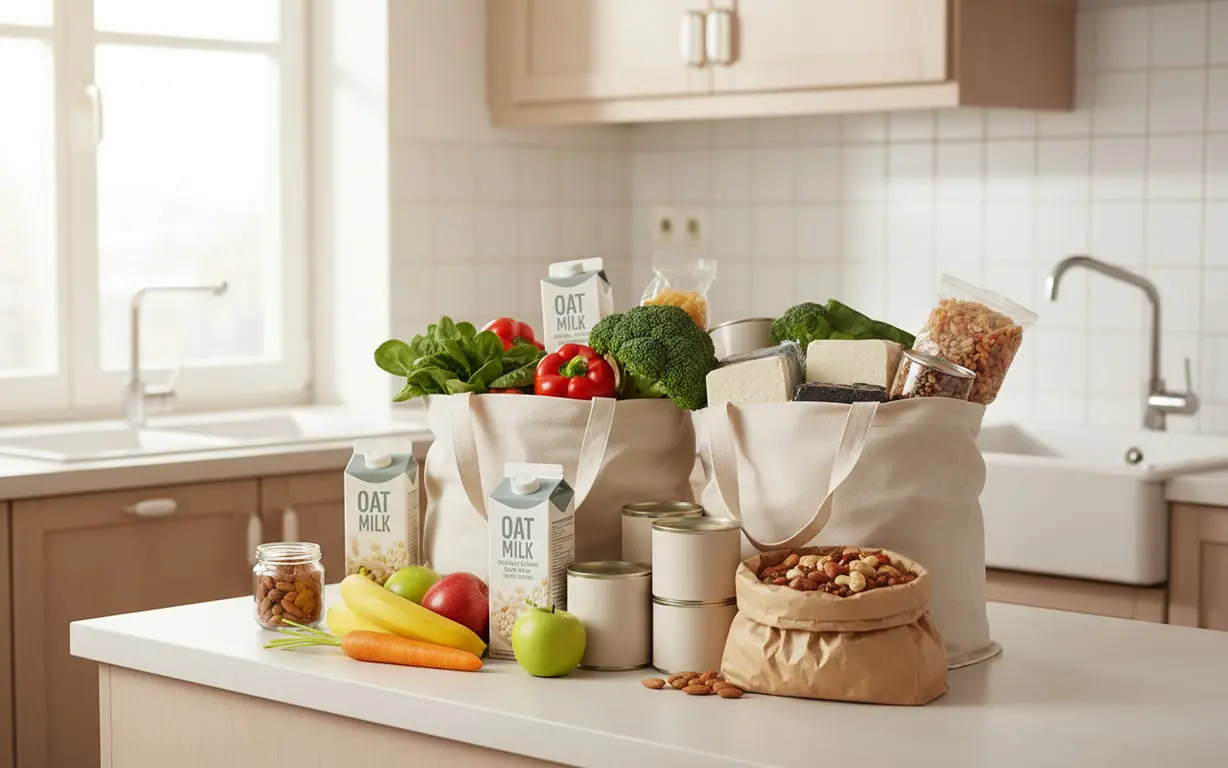Vegane Alltagseinkäufe mit Pflanzendrink Gemüse Hülsenfrüchten und Getreide