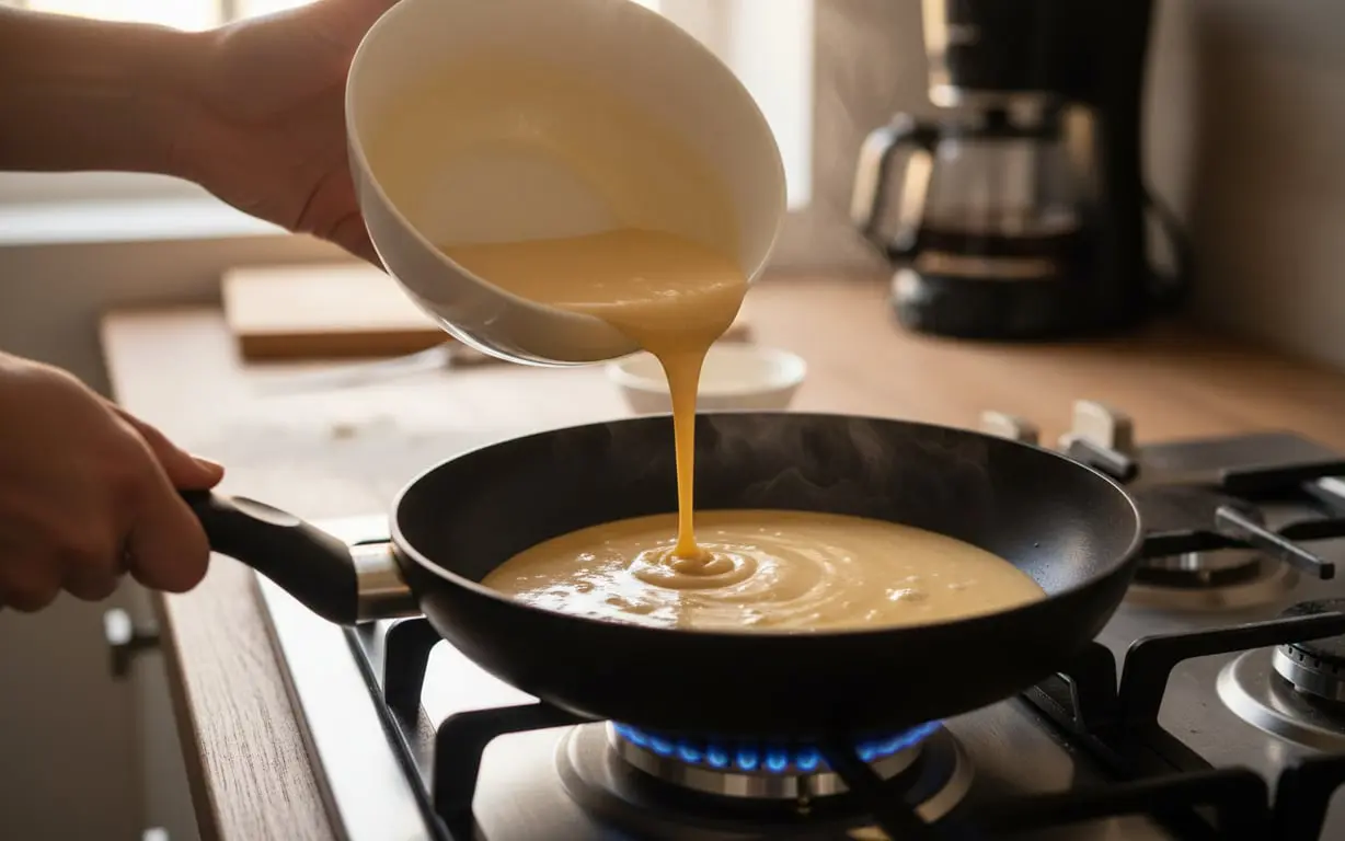 Person gießt Pfannkuchenteig für Protein Pancakes in eine beschichtete Pfanne