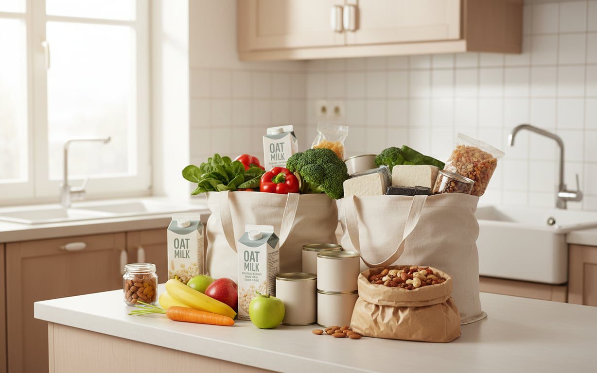 Vegane Alltagseinkäufe mit Pflanzendrink Gemüse Hülsenfrüchten und Getreide